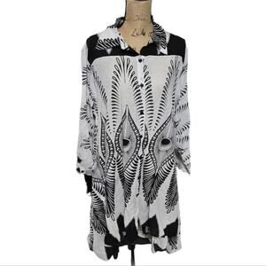 Step in Style Black & White Peacock Feather Print Asymmetrical Hem Dress Plus 2X
